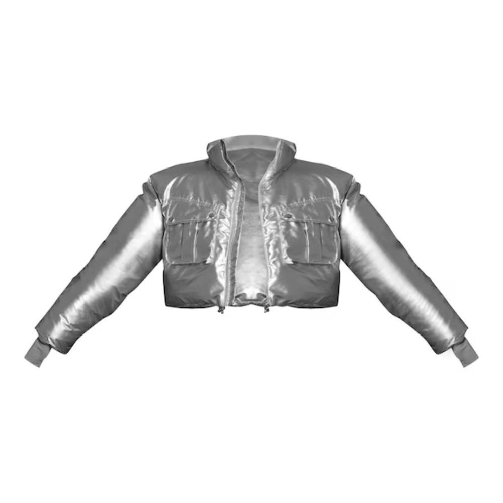 NWT PRETTYLITTLETHING SKI Silver High Shine Cropped Puffer Coat - Picture 4 of 6